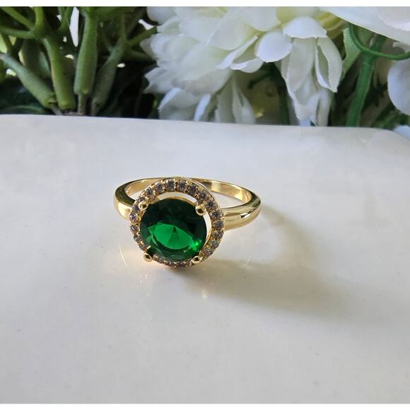 Gold Plated Green Round CZ Ring Size 6 New - Picture 2 of 5
